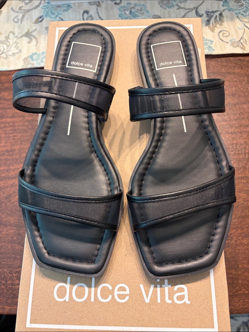 Dolce Vita Black Double-Strap Square-Toe Slide Sandals
